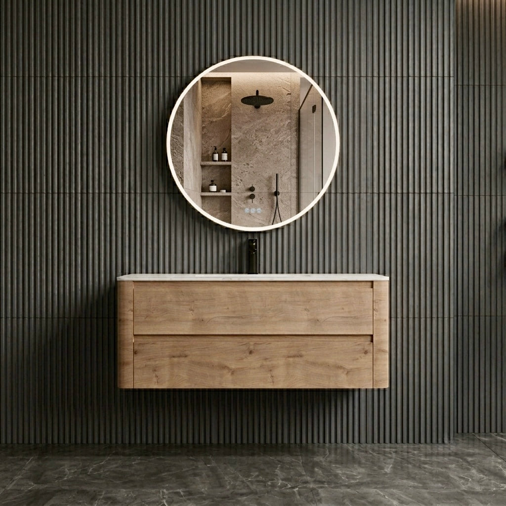Plywood Wall Hung Vanity with Curve edges and Oak Colour, 2 drawers