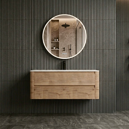 Plywood Wall Hung Vanity with Curve edges and Oak Colour, 2 drawers