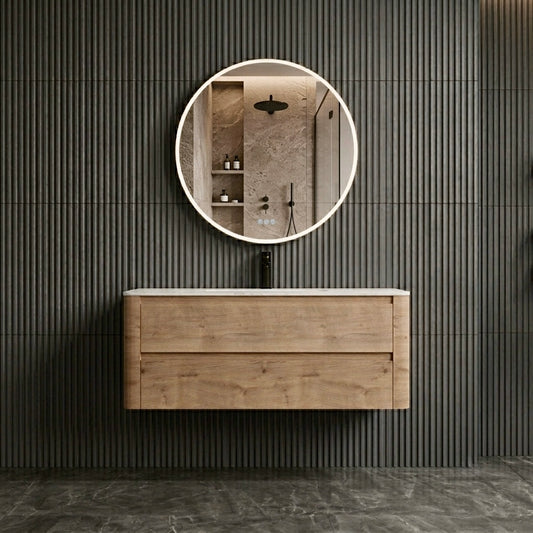 Plywood Wall Hung Vanity with Curve edges and Oak Colour, 2 drawers