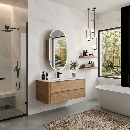 Oak Curve Wall Hung Vanity with Ceramic Basin, 2 Drawers