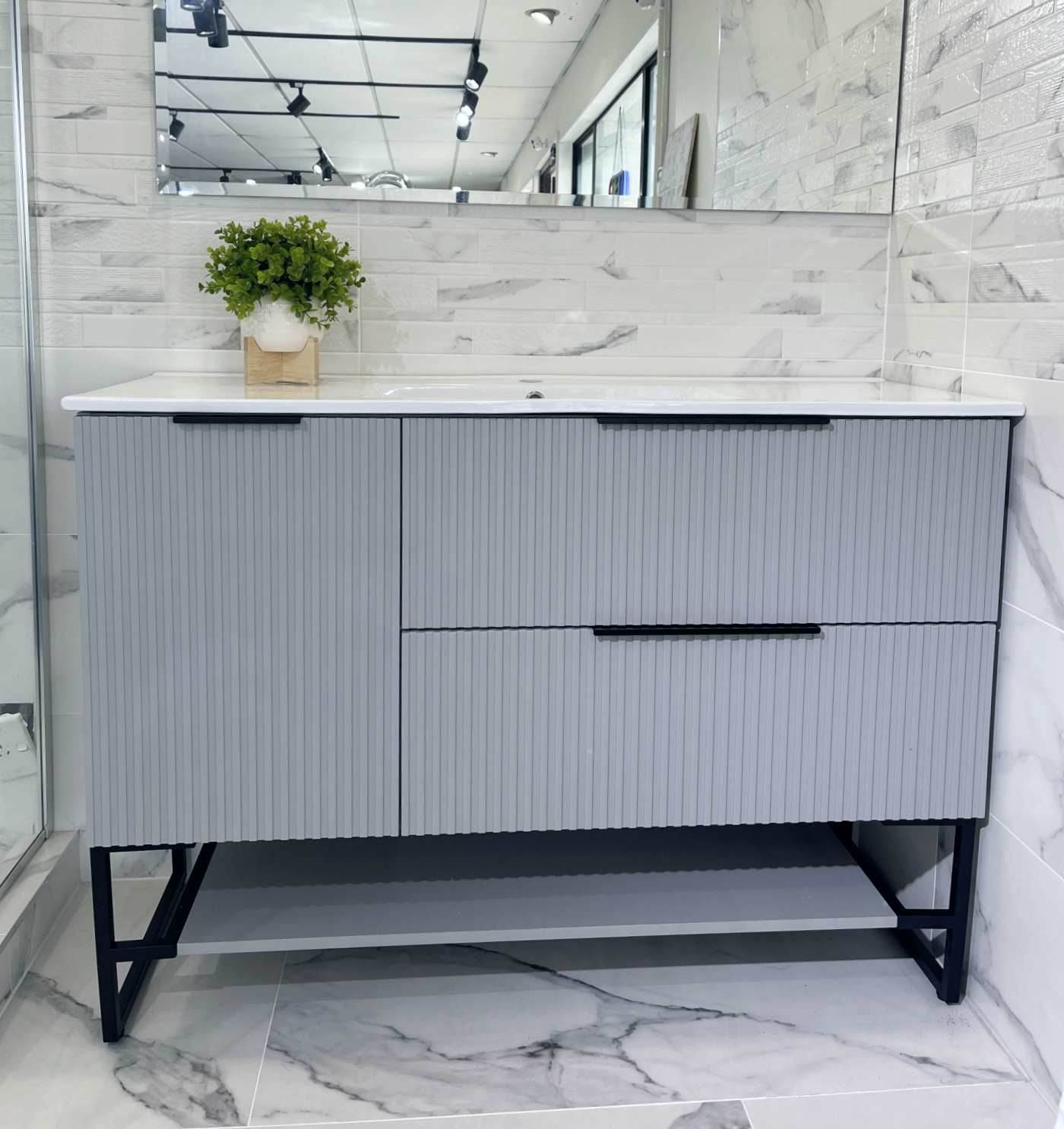 1200MM FLUTED GREY PLYWOOD FLOORSTANDING VANITY WITH SINGLE BASIN CERAMIC TOP - The Tile Collection™