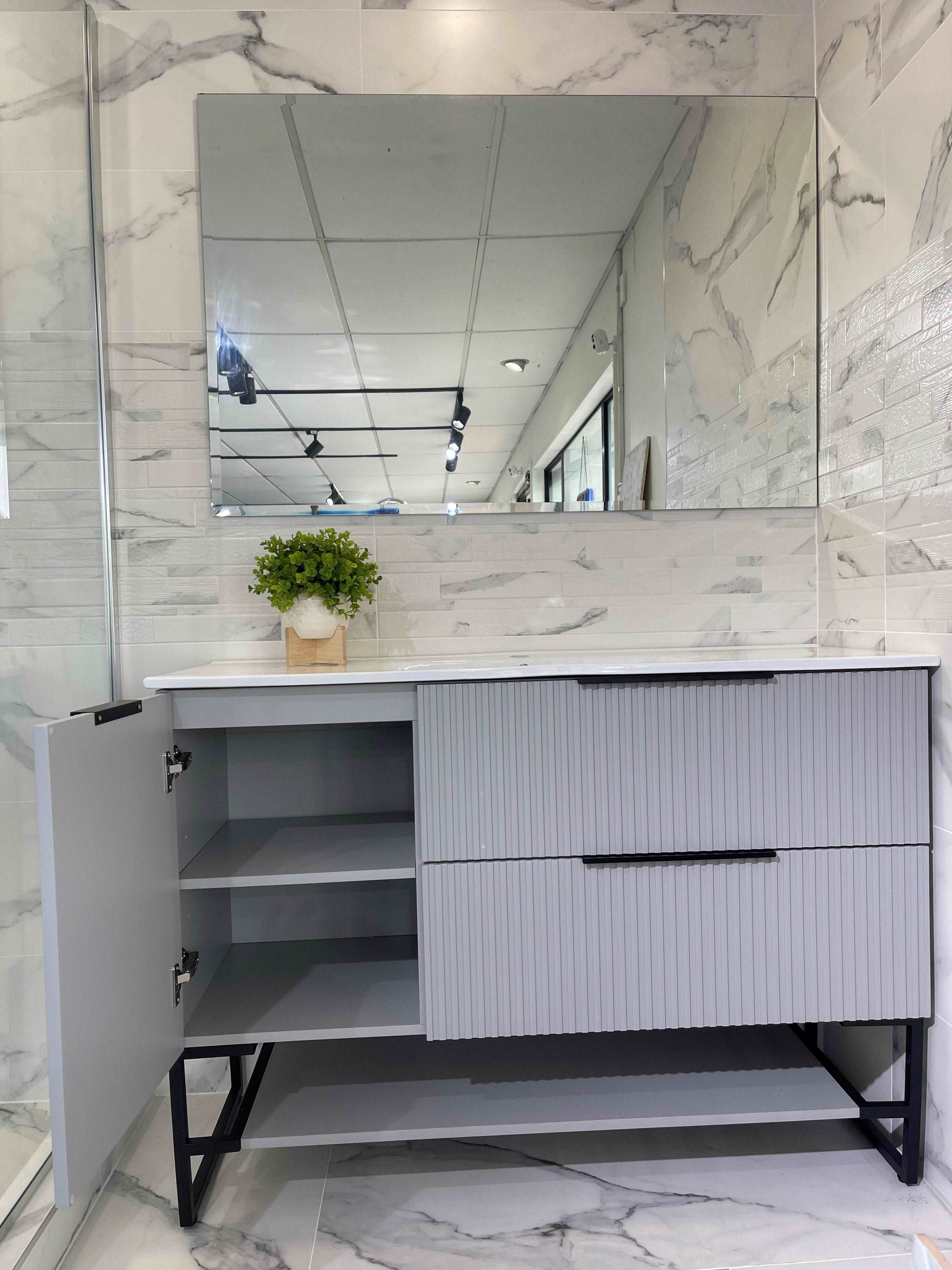 1200MM FLUTED GREY PLYWOOD FLOORSTANDING VANITY WITH SINGLE BASIN CERAMIC TOP - The Tile Collection™