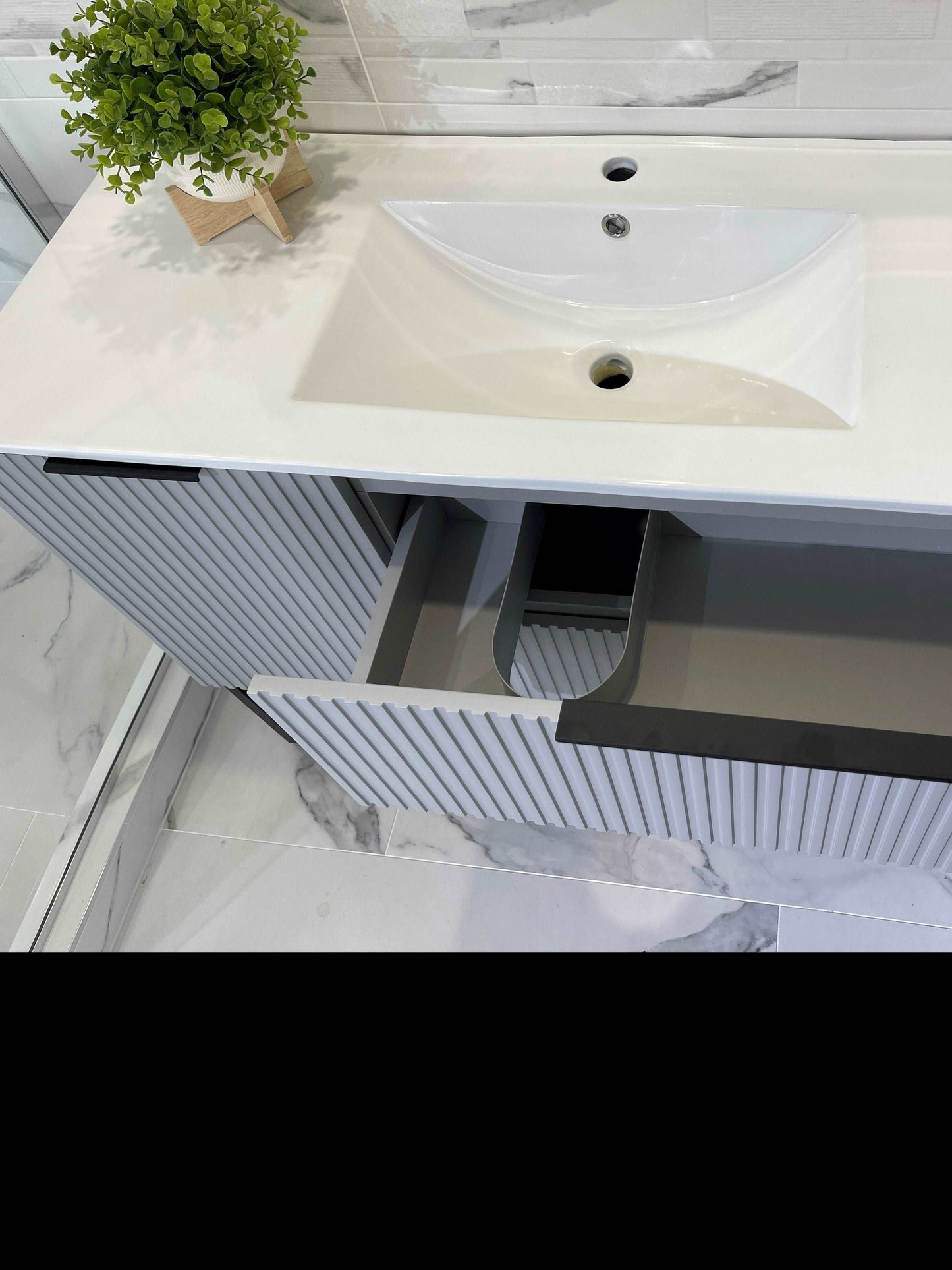 1200MM FLUTED GREY PLYWOOD FLOORSTANDING VANITY WITH SINGLE BASIN CERAMIC TOP - The Tile Collection™
