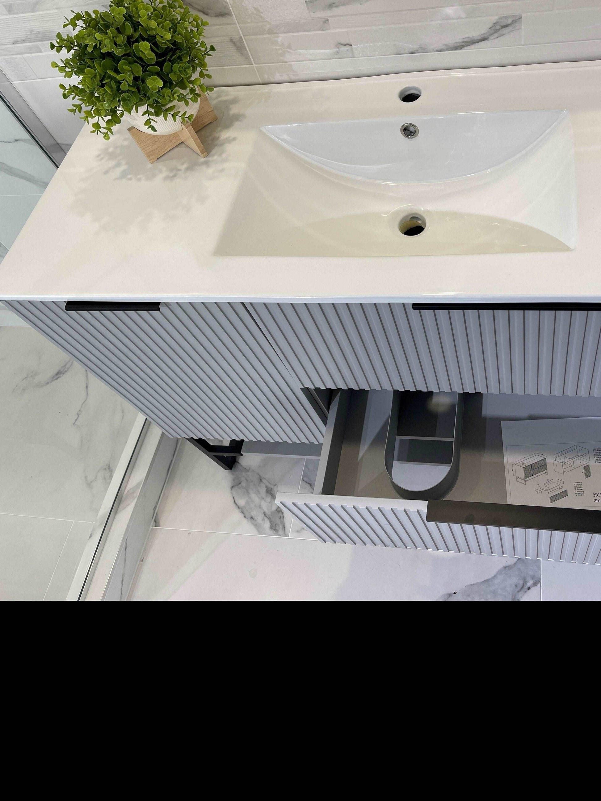 1200MM FLUTED GREY PLYWOOD FLOORSTANDING VANITY WITH SINGLE BASIN CERAMIC TOP - The Tile Collection™