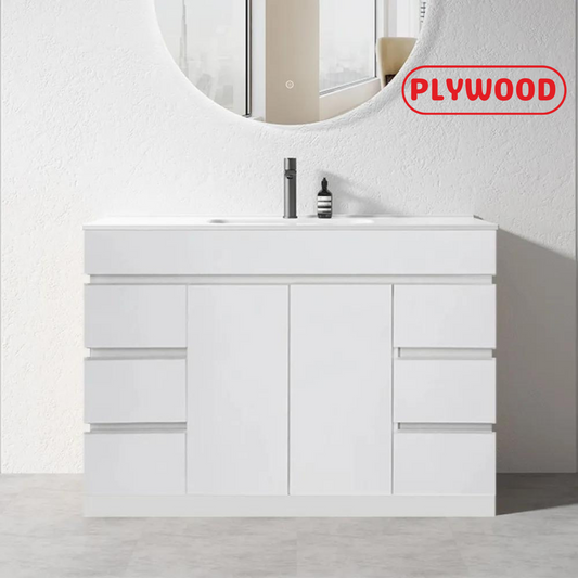 1200MM MADRID PLYWOOD WHITE GLOSS FREESTANDING VANITY WITH CERAMIC TOP