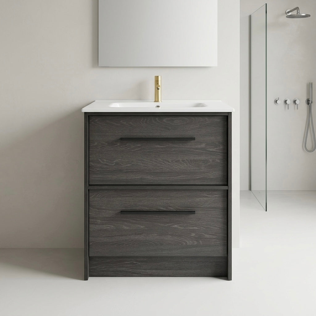 EMBER FLOOR STANDING VANITY 750MM - CHARRED ASH | 2 DRAWERS WITH CERAMIC BASIN