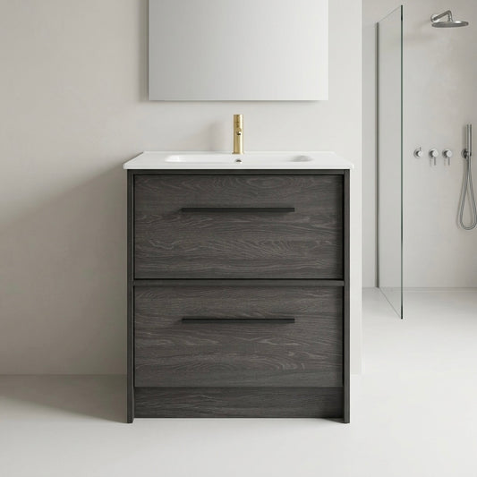 EMBER FLOOR STANDING VANITY 600MM - CHARRED ASH | 2 DRAWERS WITH CERAMIC BASIN
