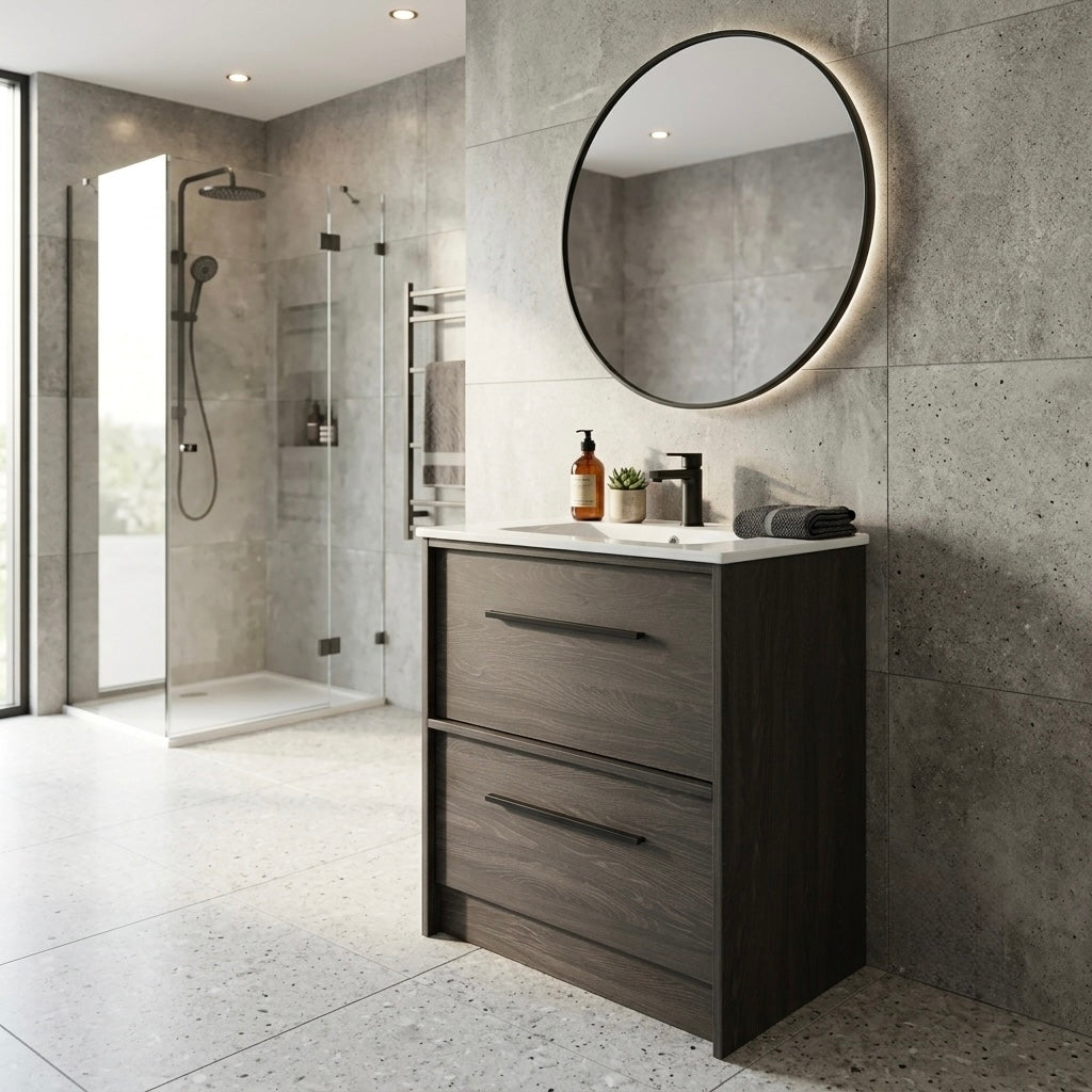 EMBER FLOOR STANDING VANITY 750MM - CHARRED ASH | 2 DRAWERS WITH CERAMIC BASIN