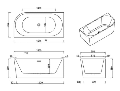 1500MM LEFT CORNER BACK TO WALL BATH (ONLINE ONLY)