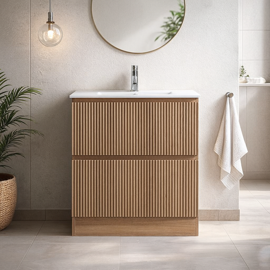 VERTO MOSCO 900MM PLYWOOD FLOOR STANDING VANITY - LIGHT OAK, FLUTED FRONT