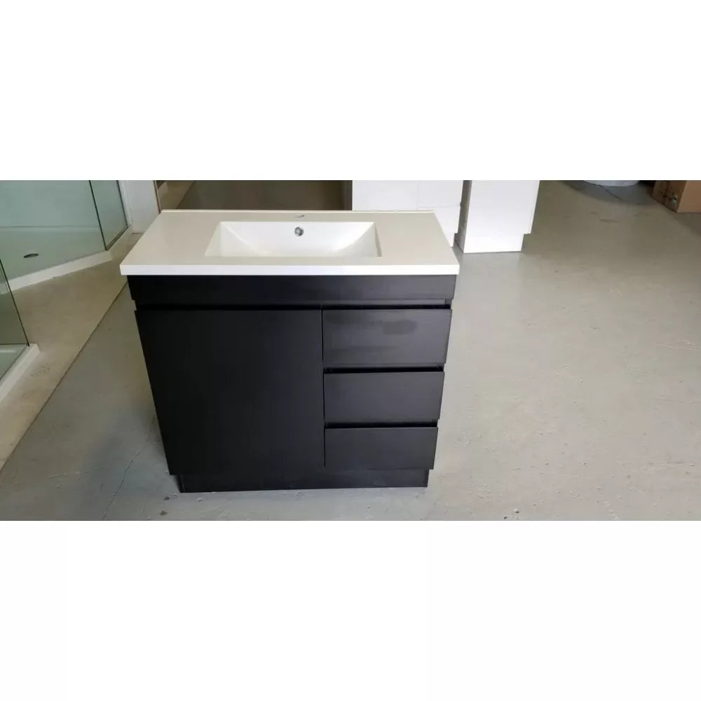 900MM MADRID DARK OAK PLYWOOD FLOORSTANDING VANITY WITH CERAMIC TOP