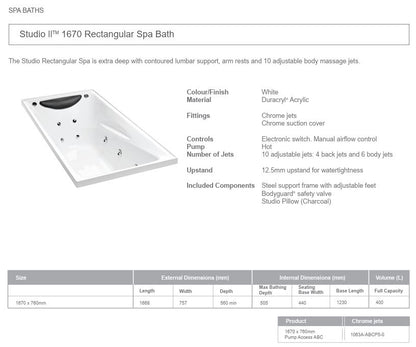 ENGLEFIELD STUDIO II RECTANGULAR SPA BATH 1800MM, 1670MM