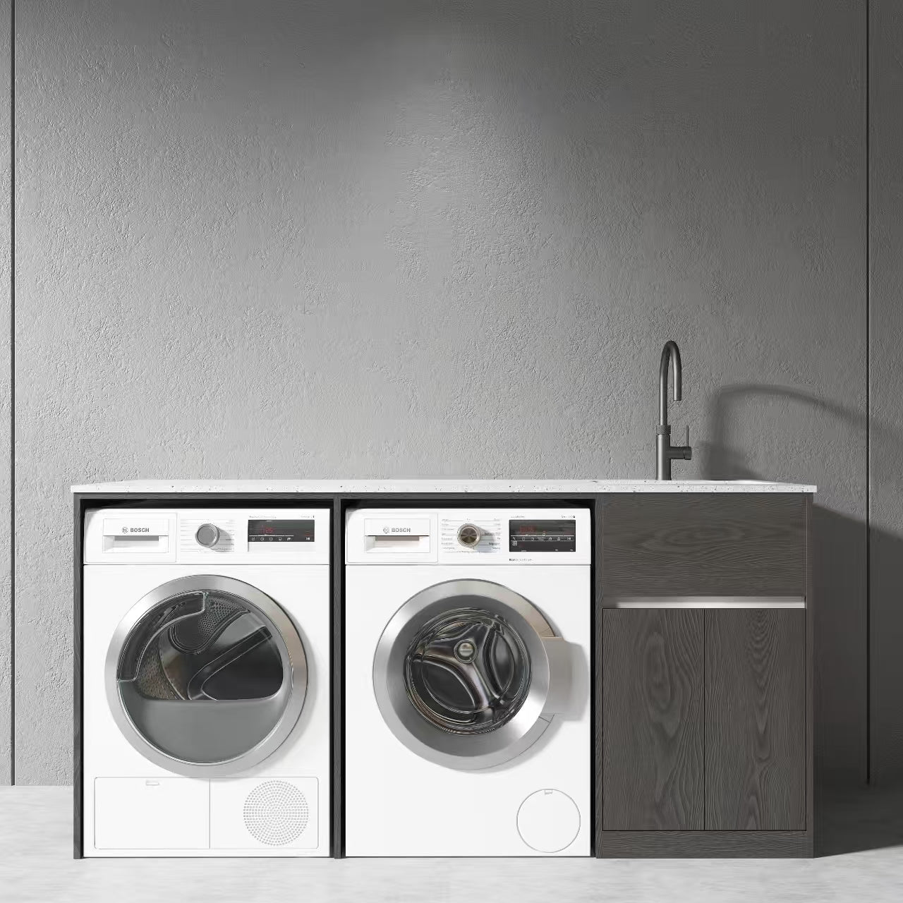 1800MM PLYWOOD LAUNDRY STATION - CHARRED ASH | STONE BENCHTOP | STAINLESS STEEL SINK