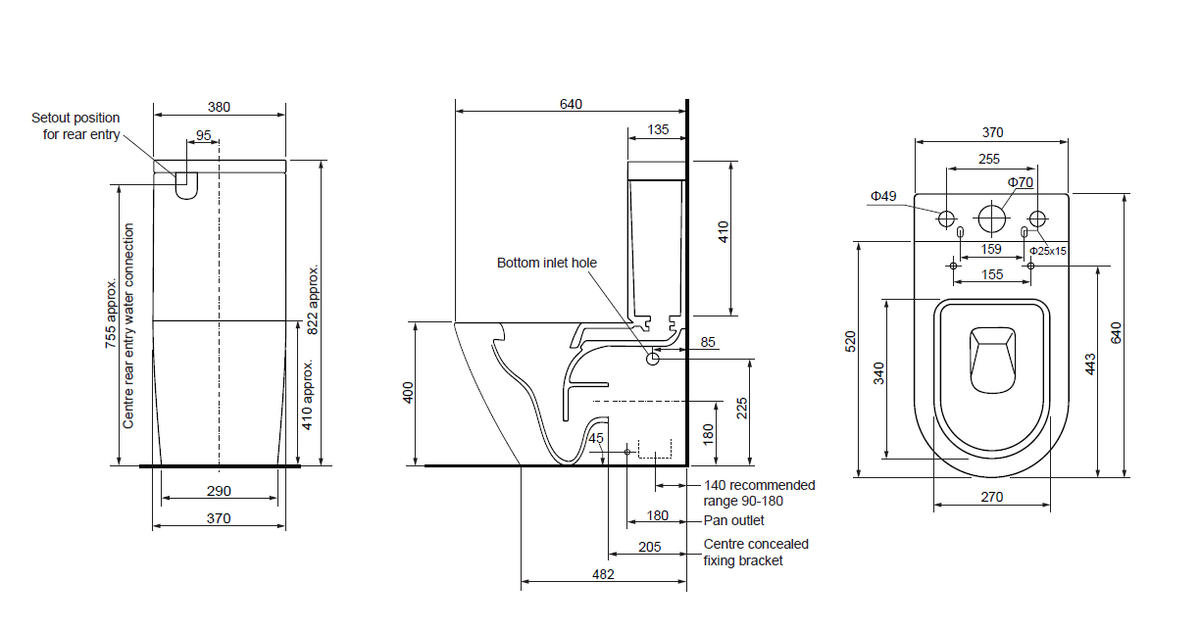LINFA RIMLESS BACK TO WALL TOILET - NANO GLAZING 640X370X822MM