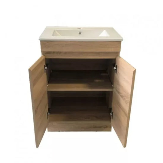 600MM MADRID LIGHT OAK PLYWOOD FLOORSTANDING VANITY WITH CERAMIC TOP