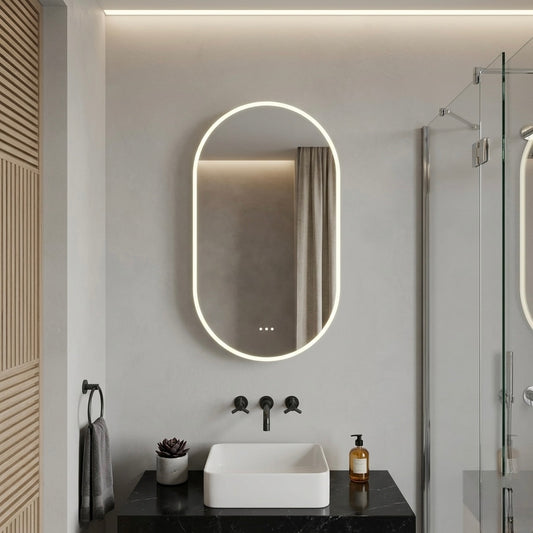 CLEARANCE OVAL LED MIRROR CABINET DN | IR WAVE SENSOR | 3-COLOUR LIGHT | DEMISTER | MATTE WHITE