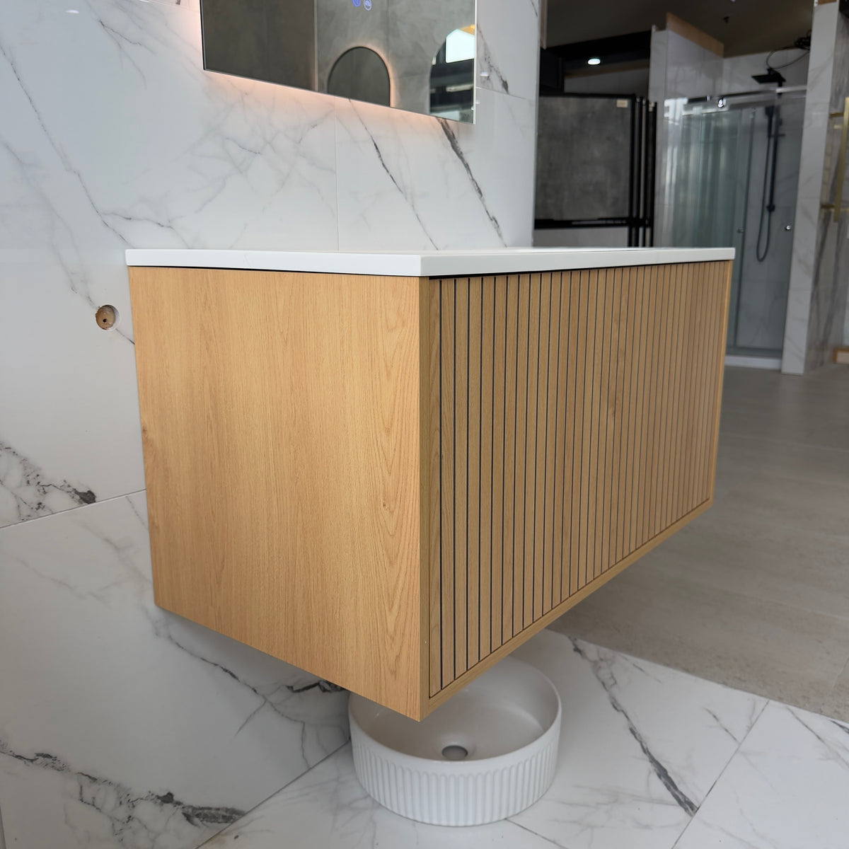 NORDI 900MM WALL HUNG FLUTED OAK VANITY | SINGLE DRAWER