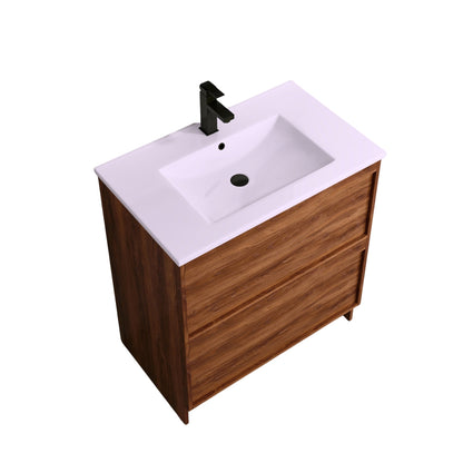 ASPEN WALNUT FLOOR STANDING VANITY 750MM | 2 DRAWERS WITH CERAMIC BASIN