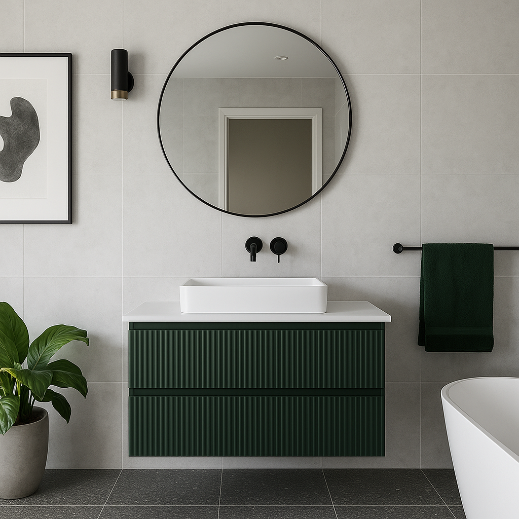 VERTO WILD 900MM PLYWOOD WALL HUNG VANITY - FOREST GREEN, FLUTED FRONT WITH CERAMIC TOP