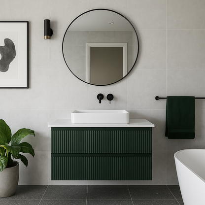 VERTO WILD 900MM PLYWOOD WALL HUNG VANITY - FOREST GREEN, FLUTED FRONT WITH CERAMIC TOP