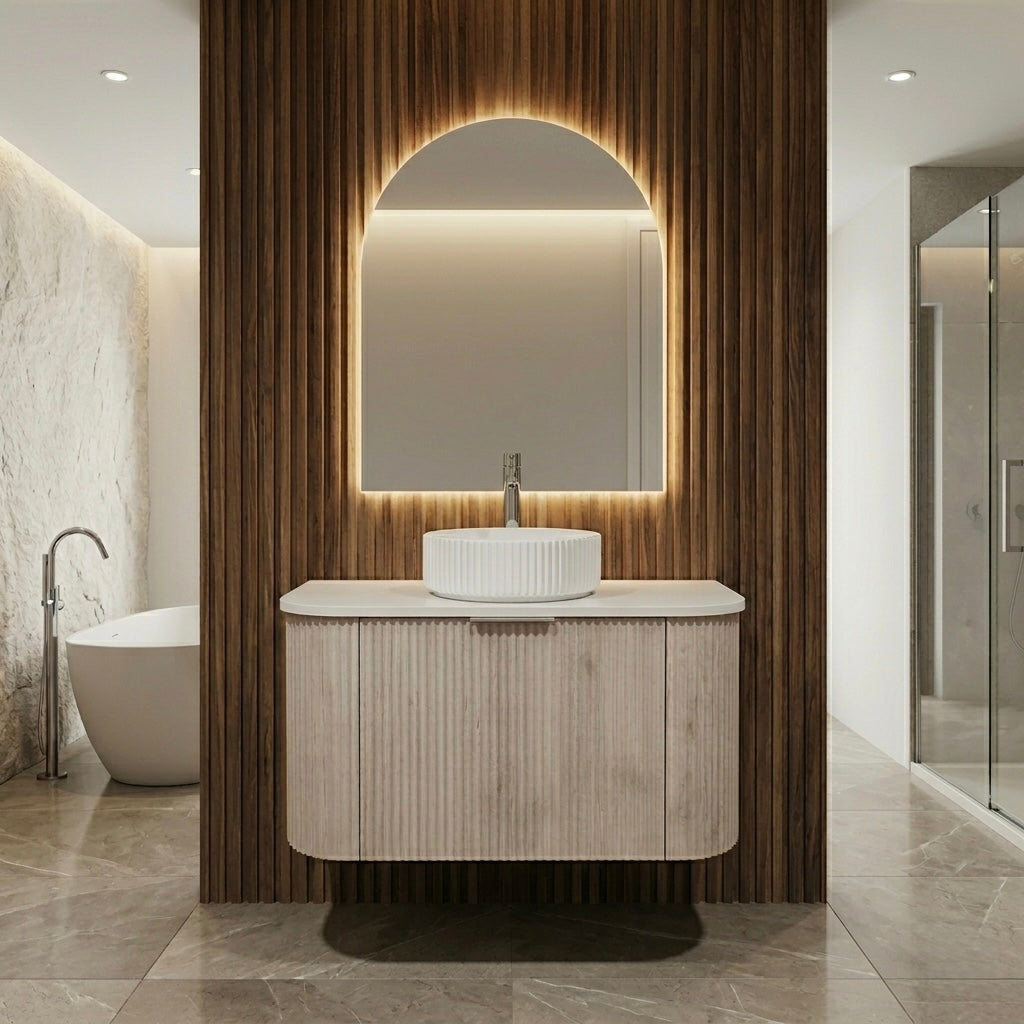 900MM CURVED FLUTED WALL HUNG VANITY | ASH GREY