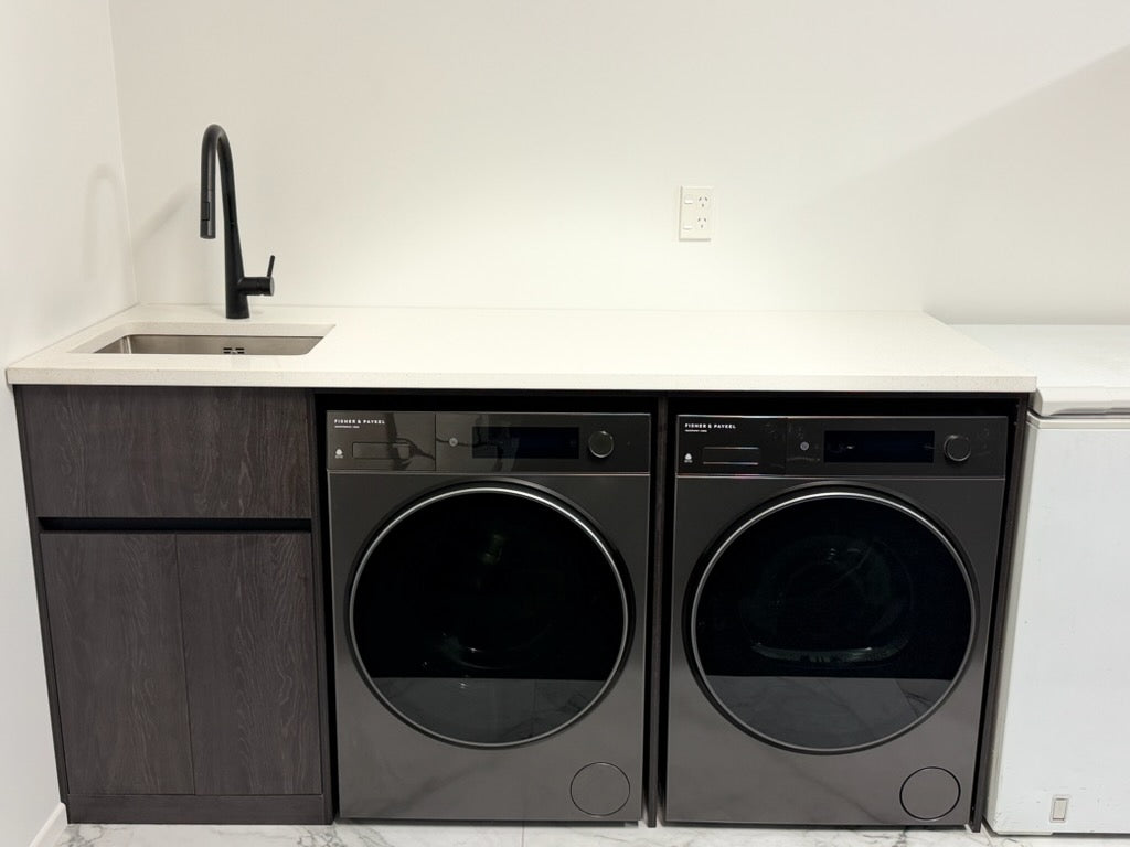 1800MM PLYWOOD LAUNDRY STATION - CHARRED ASH | STONE BENCHTOP | STAINLESS STEEL SINK