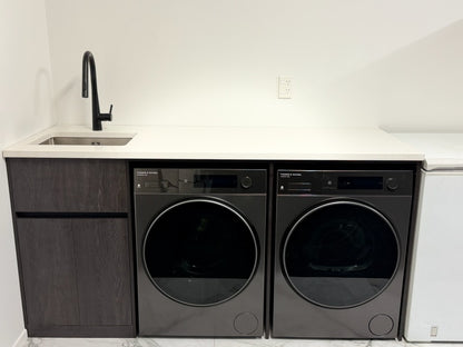 1800MM PLYWOOD LAUNDRY STATION - CHARRED ASH | STONE BENCHTOP | STAINLESS STEEL SINK
