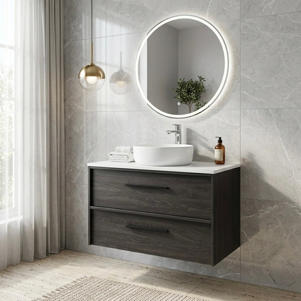 EMBER MODERN FLOATING VANITY 900MM - CHARRED ASH | 2 DRAWERS, PLYWOOD VANITY NZ