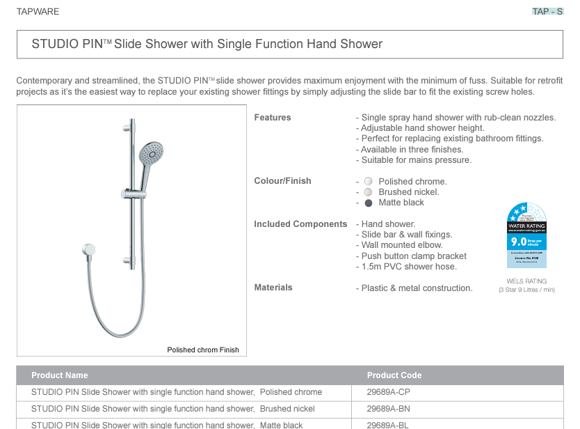 ENGLEFIELD STUDIO PIN SLIDE SHOWER 3 COLOURS AVAILABLE - The Tile Collection™