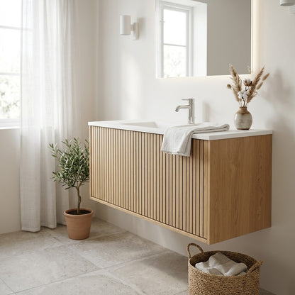 NORDI 900MM WALL HUNG FLUTED OAK VANITY | SINGLE DRAWER