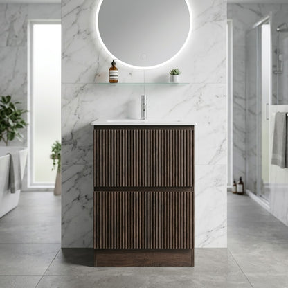 MS60 600MM FLOOR STANDING VANITY - DARK BROWN OAK, FLUTED FRONT