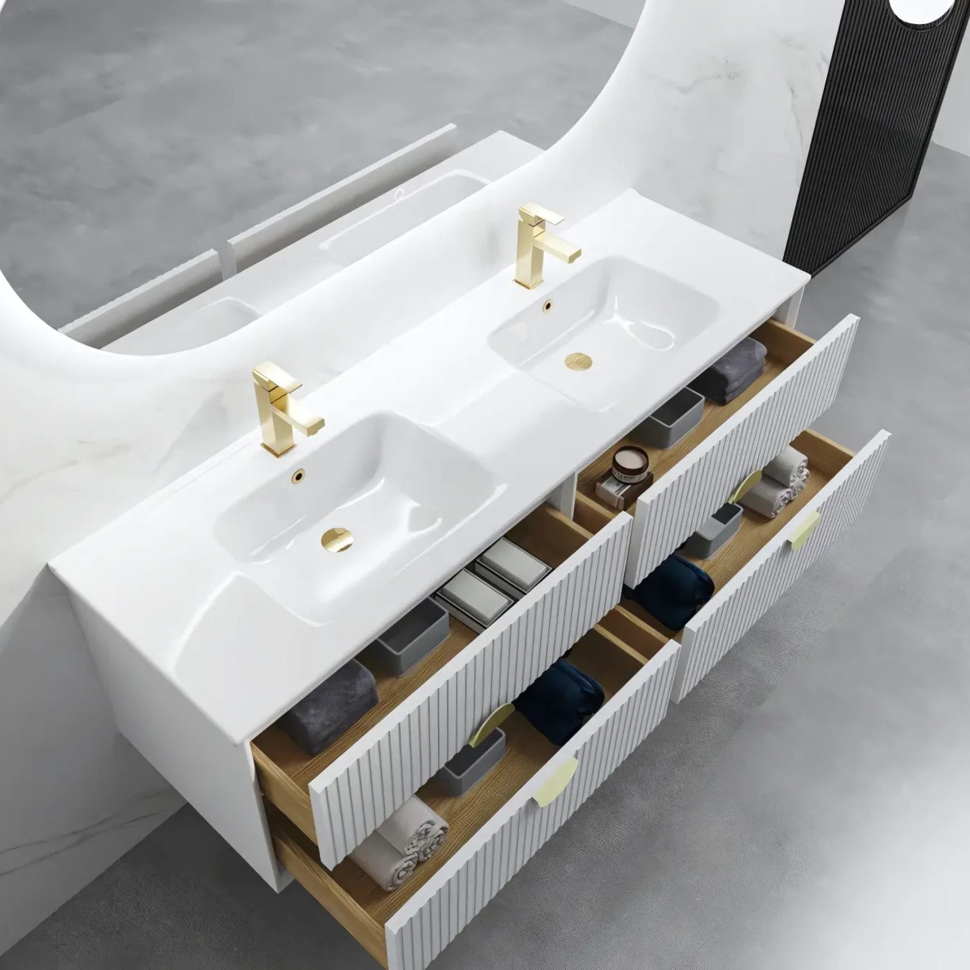 Bathroom vanity with double sink and open drawers displaying toiletries.