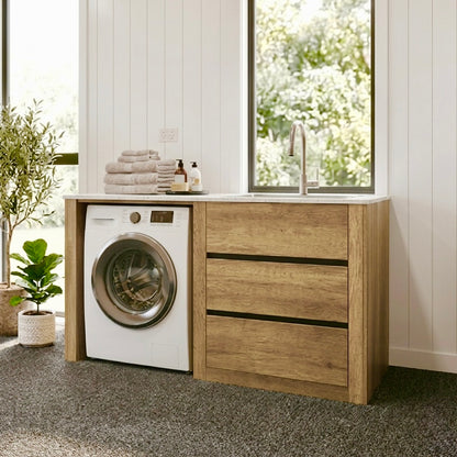 1500MM PLYWOOD LAUNDRY STATION | ANTIQUE OAK| STONE BENCHTOP | STAINLESS STEEL SINK