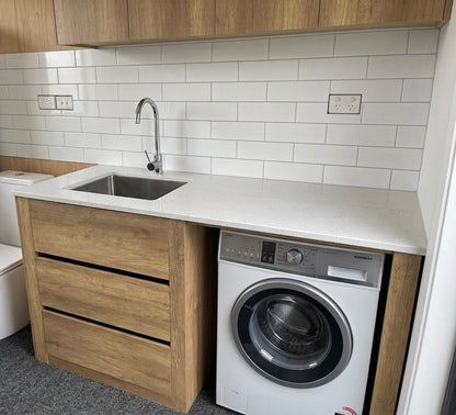1500MM PLYWOOD LAUNDRY STATION | ANTIQUE OAK| STONE BENCHTOP | STAINLESS STEEL SINK