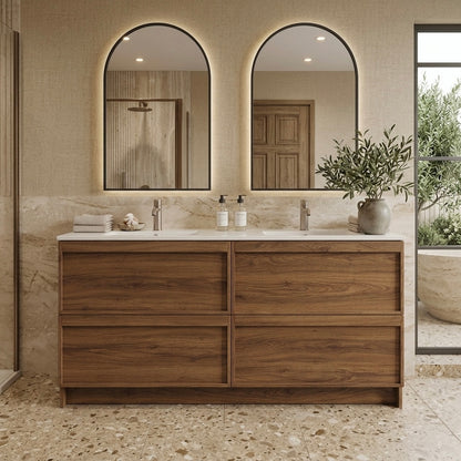 ASPEN WALNUT FLOOR STANDING VANITY 1500MM DOUBLE | 4 DRAWERS WITH CERAMIC BASIN