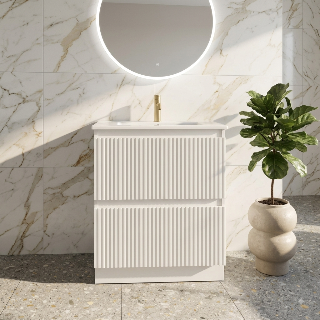 600MM SLIM FLUTED WHITE FLOORSTANDING BATHROOM VANITY UNIT WITH BASIN
