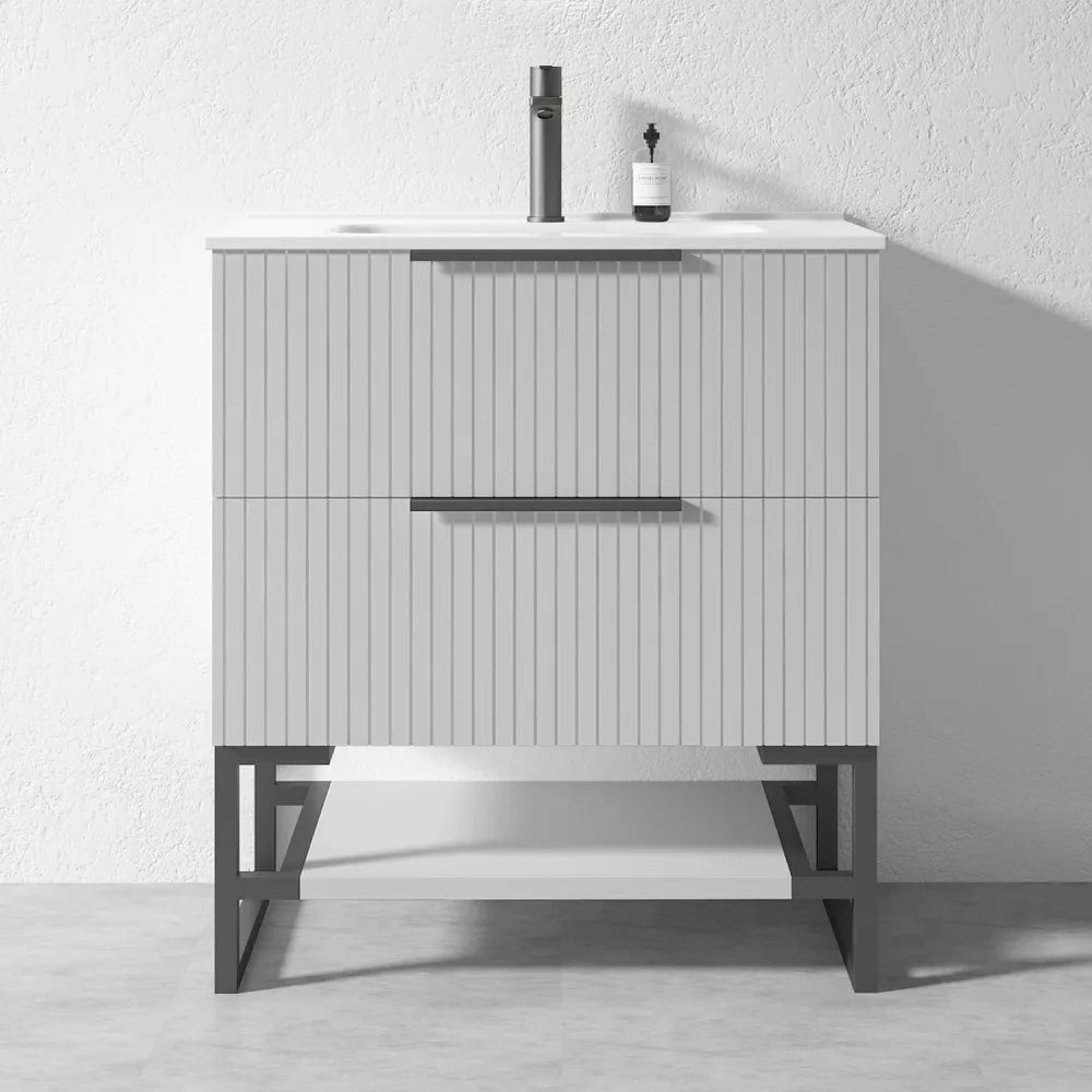 750MM FLUTED GREY FLOORSTANDING PLYWOOD VANITY WITH CERAMIC TOP - The Tile Collection™