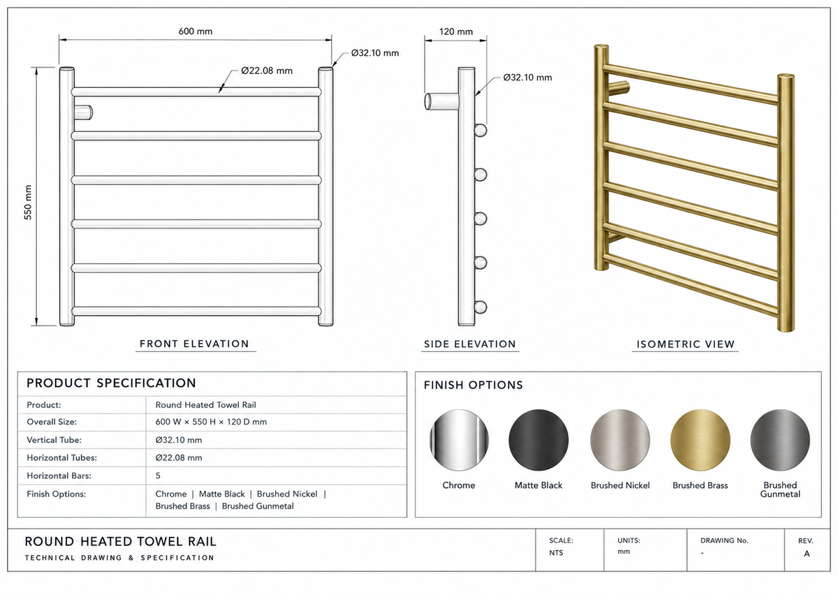 ROUND HEATED TOWEL RAIL RANGE - 5 BARS