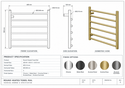 ROUND HEATED TOWEL RAIL RANGE - 5 BARS