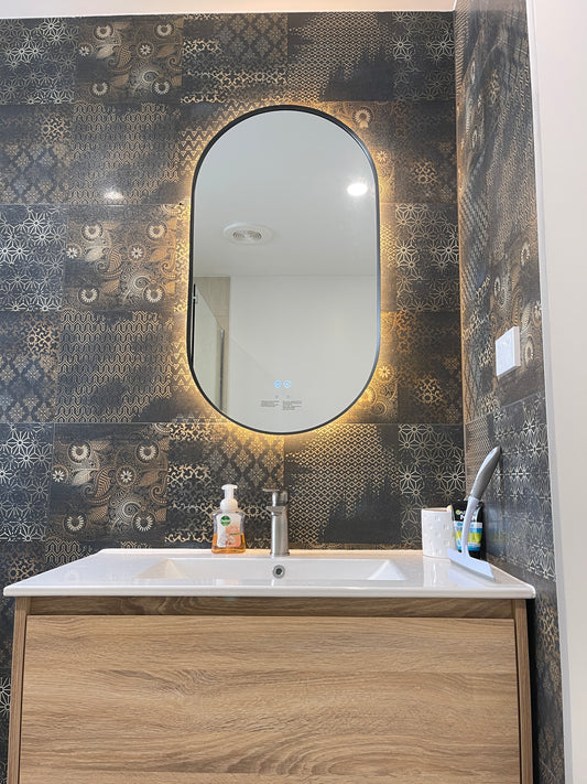900x500MM GUNMETAL GREY METAL FRAME OVAL BACKLIT LED MIRROR WITH MOTION SENSOR | DEFOGGER | 3 COLOURS LIGHTS
