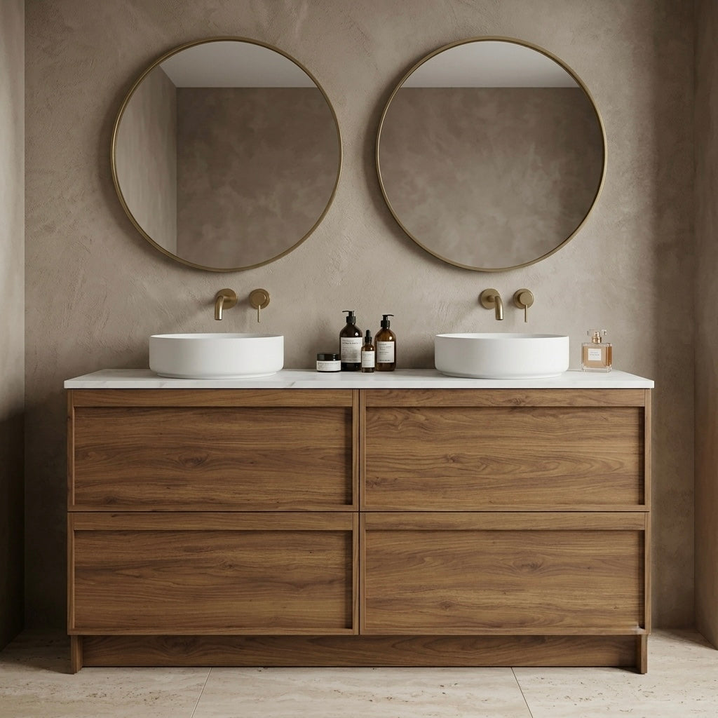 ASPEN WALNUT FLOOR STANDING VANITY 1500MM DOUBLE | 4 DRAWERS WITH CERAMIC BASIN
