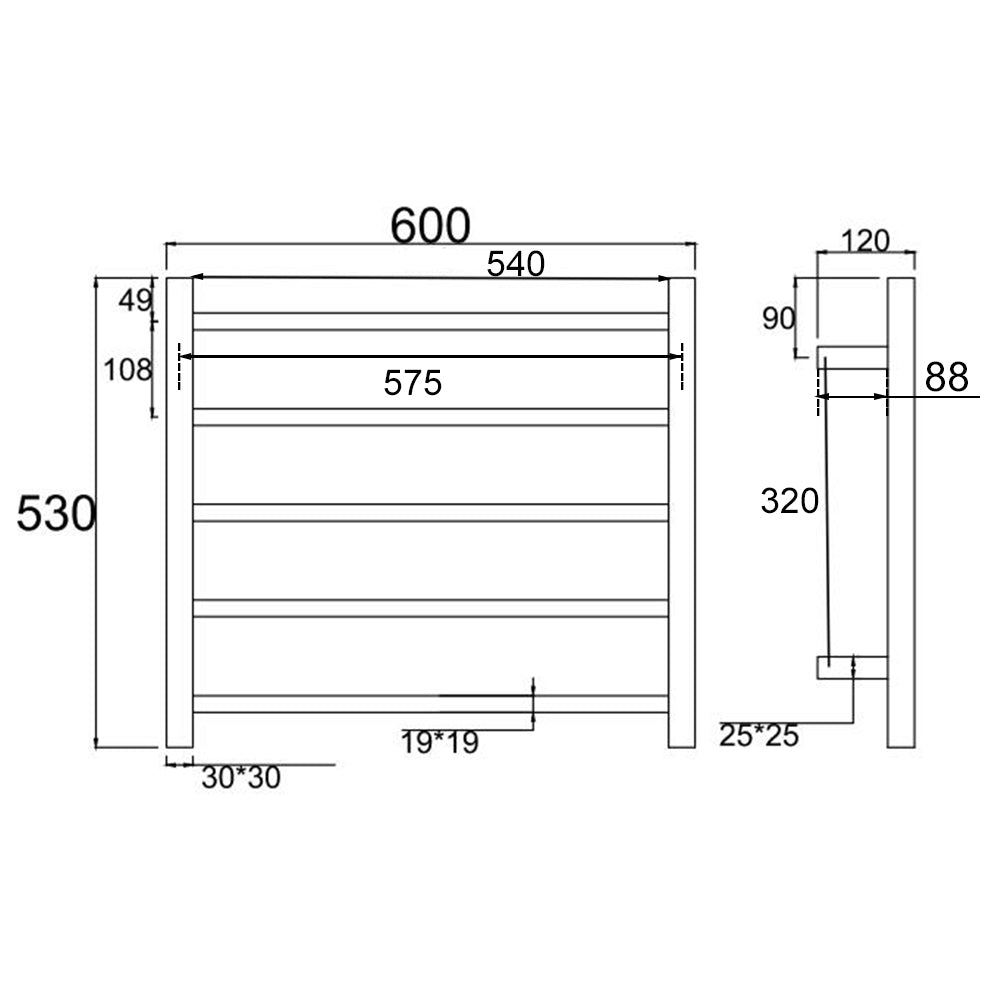 5 BAR SQUARE HEATED TOWEL RAIL 530H*600W*120D- CHROME