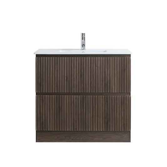 MS90 900MM FLOOR STANDING VANITY - DARK BROWN OAK, FLUTED FRONT