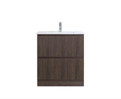 750MM FLOOR STANDING VANITY - DARK BROWN OAK, FLUTED FRONT