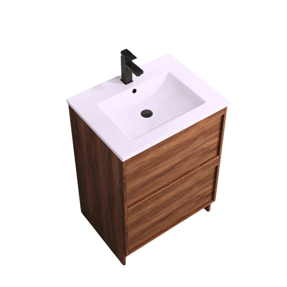 ASPEN WALNUT FLOOR STANDING VANITY 600MM | 2 DRAWERS WITH CERAMIC BASIN