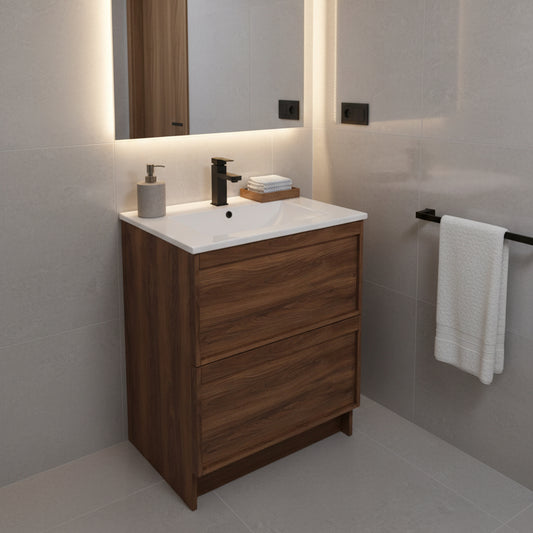 ASPEN WALNUT FLOOR STANDING VANITY 600MM | 2 DRAWERS WITH CERAMIC BASIN