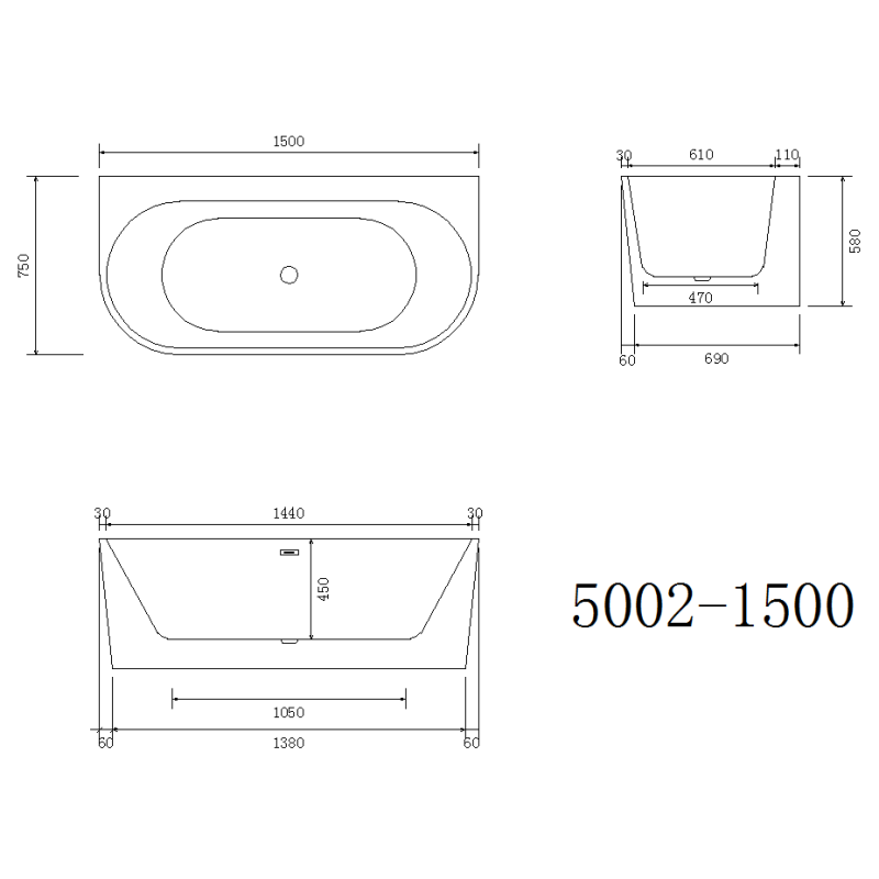 1500MM ZEPHYR OVAL BACK TO WALL BATH DN - The Tile Collection™
