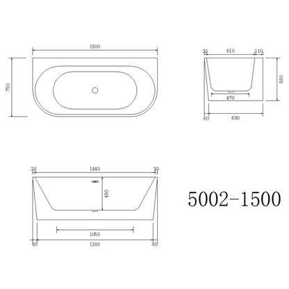 1500MM ZEPHYR OVAL BACK TO WALL BATH DN - The Tile Collection™