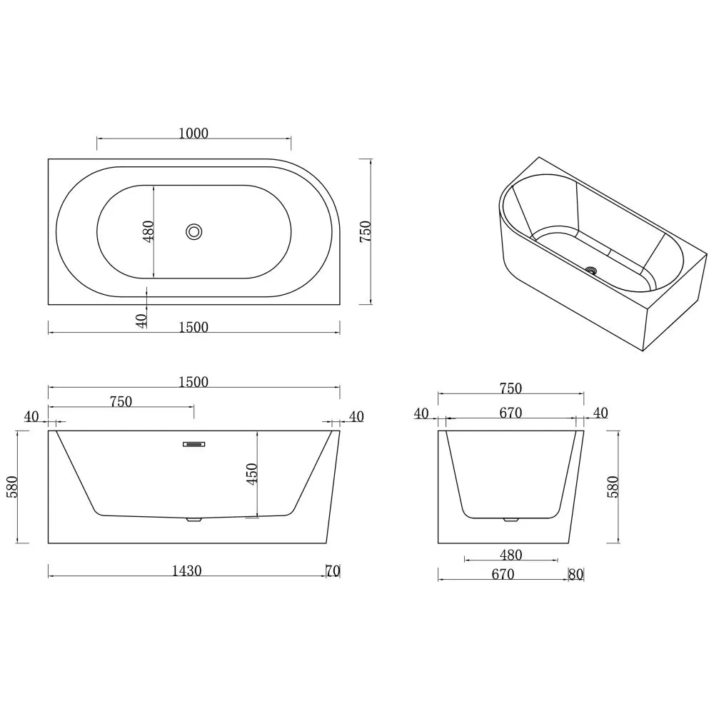 Technical drawing of a freestanding bathtub with dimensions