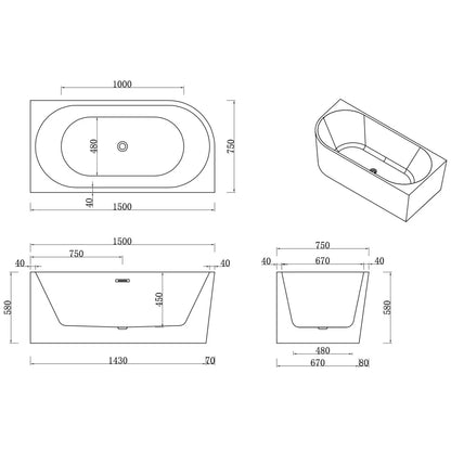 Technical drawing of a freestanding bathtub with dimensions